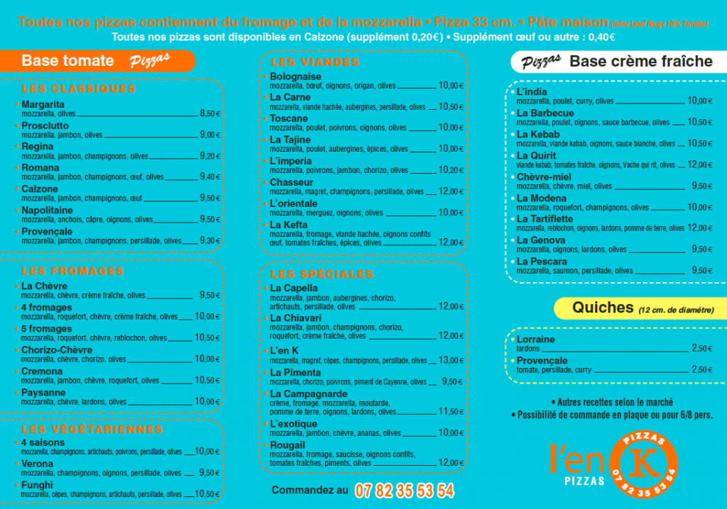 Voici la carte des pizzas que vous pouvez commandez à l'en k pizza sur Gaillac